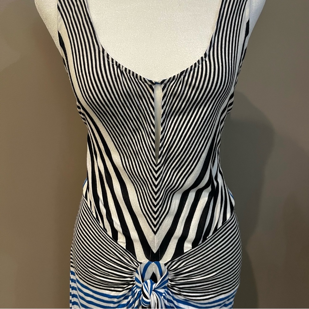 BCBG Max Azria “Kristie Dress”. Blue, White, & Black Stripes. Faux Knot in front